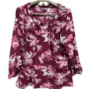 Laura Scott Tunic Top Women Size L Large Pink Floral All Over Print  Long Sleeve